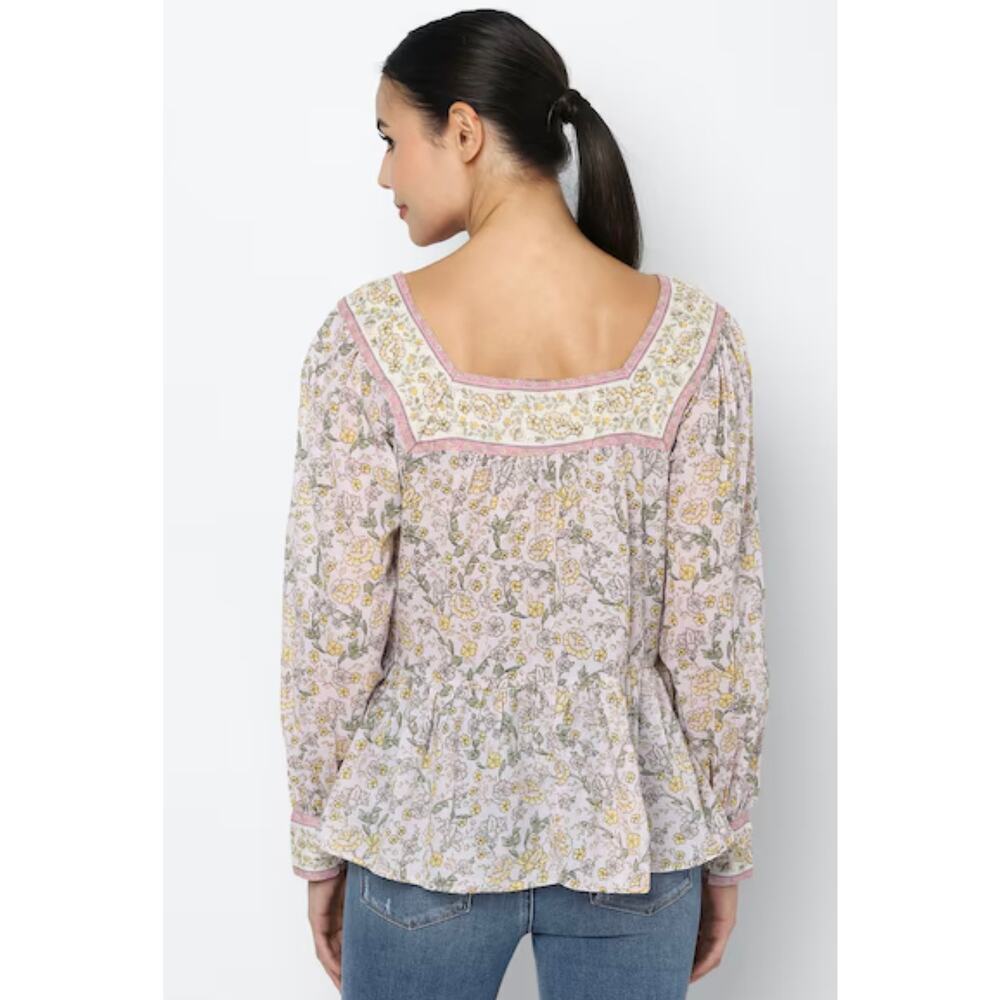 American Eagle Pink Yellow Floral Boho Peasant Top Long Sleeve Blouse size XS - Picture 2 of 8